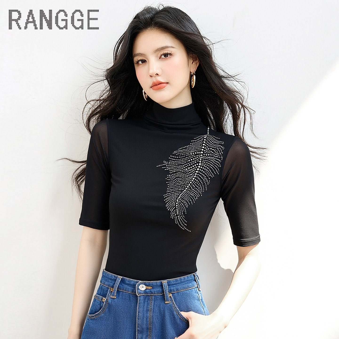 RANGGE半高领网纱修身T恤女