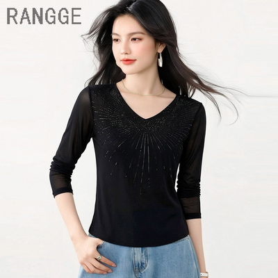 黑色V领长袖烫钻显瘦网纱T恤