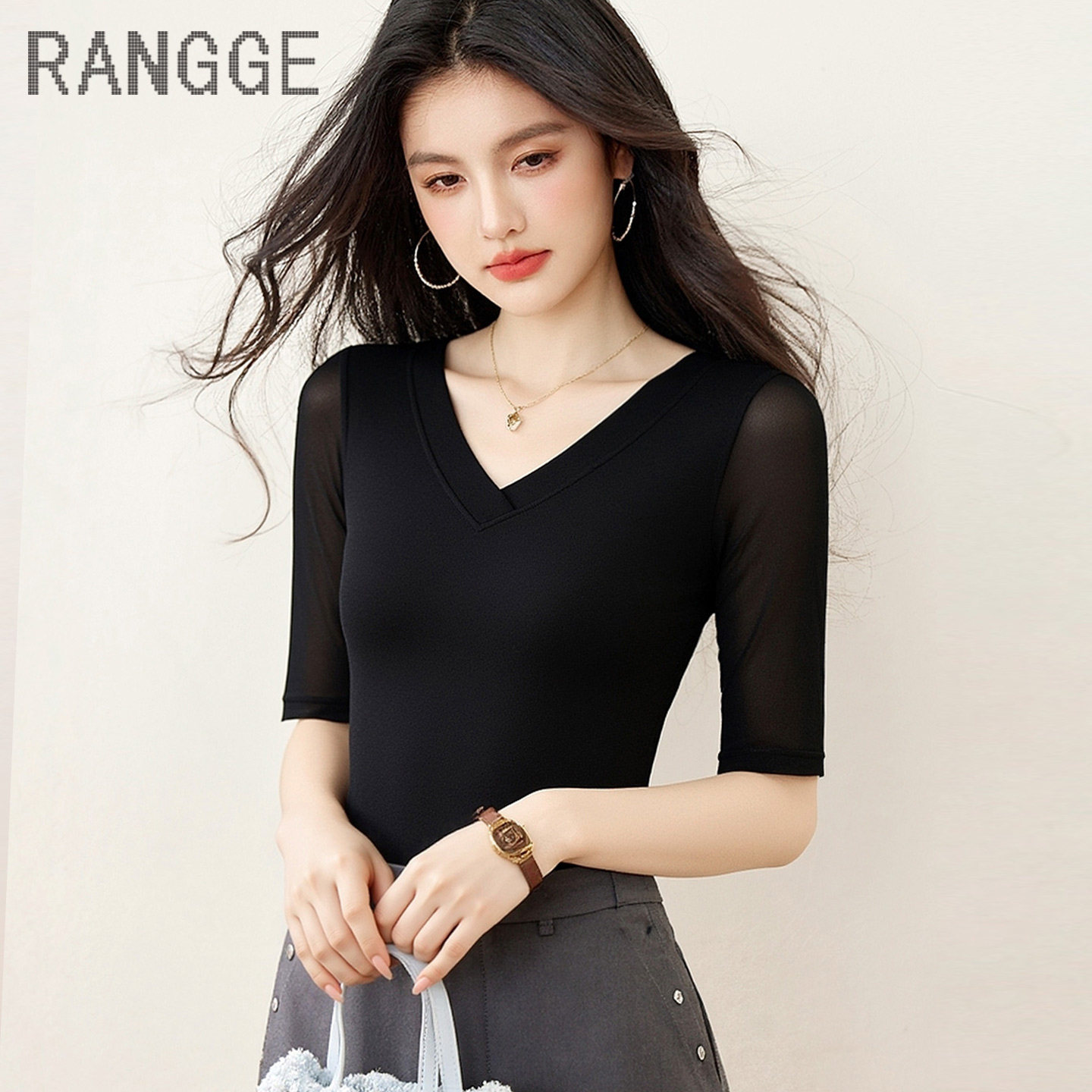 高端品牌形体服弹力女网纱上衣2026新款夏季舞蹈服v领中袖纱t恤