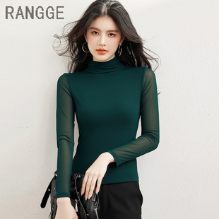 高端紧身速干舞蹈上衣高弹力纱衣秋季高领网纱打底衫女长袖T恤