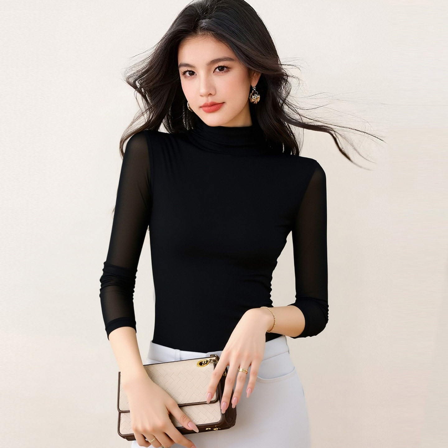 高端品牌网纱上衣秋冬女2026新款高领加绒蕾丝打底衫紧身长袖T恤