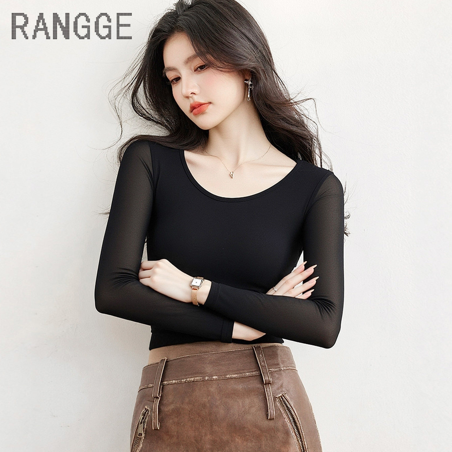 高弹力透气速干舞蹈上衣紧身形体服打底衫女长袖秋季圆领网纱T恤