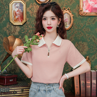 学院风刺绣半拉链撞色polo衫 短袖 薄款 t恤女2025新款 百搭体恤 夏季