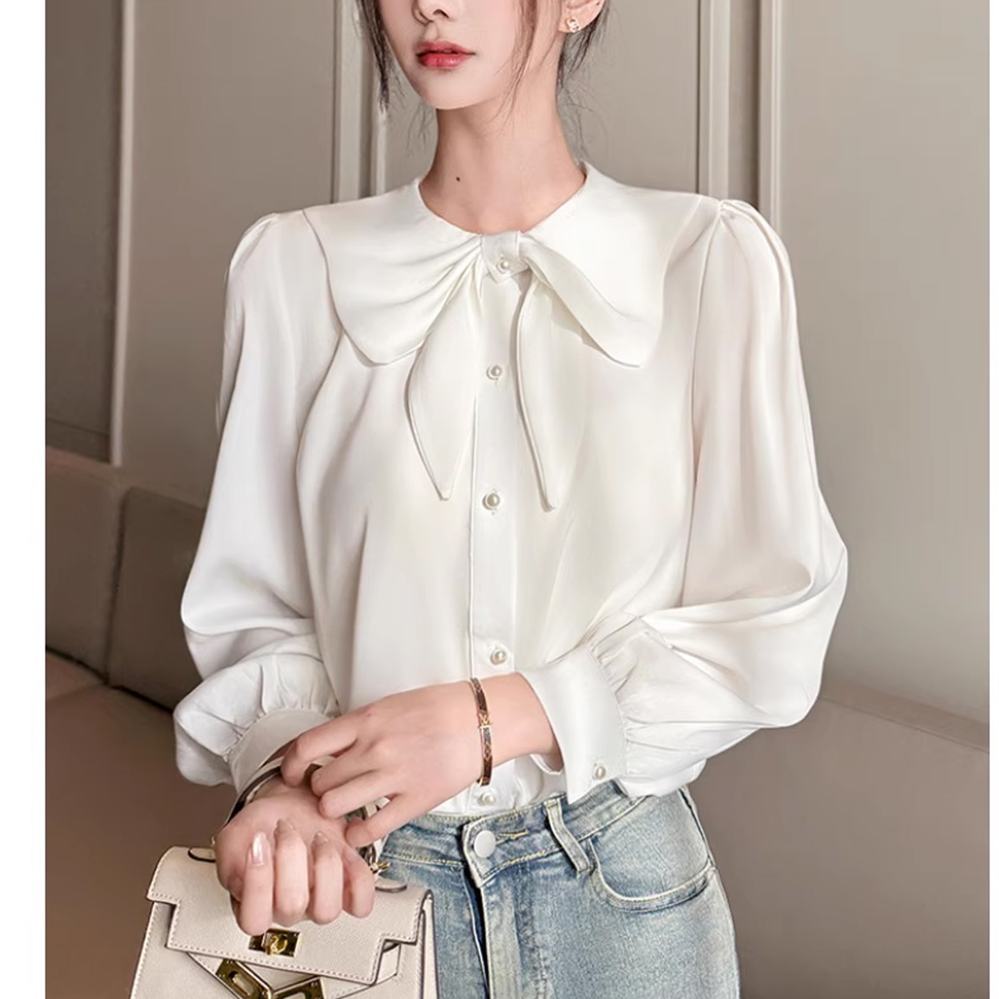 白色衬衫女秋季娃娃领蝴蝶结衬衣