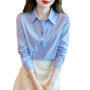 纯棉衬衫女2026春季新款高级感刺绣职业装白色衬衣长袖打底上衣