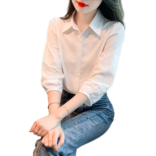 七分袖白色衬衫女夏装2026年新款刺绣镂空灯笼袖职业衬衣法式上衣