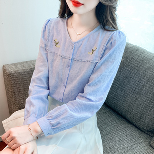 2025新款 女秋装 高级感刺绣减龄v领衬衣初秋洋气上衣 纯棉衬衫 法式