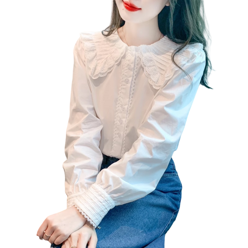 娃娃领衬衫女2026春秋新款法式甜美蕾丝花边白衬衣泡泡袖雪纺上衣