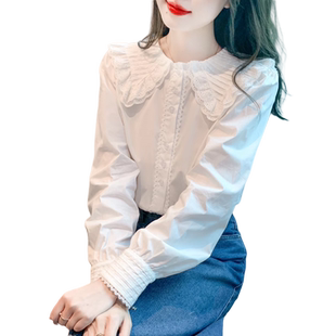 娃娃领衬衫女2026春秋新款法式甜美蕾丝花边白衬衣泡泡袖雪纺上衣