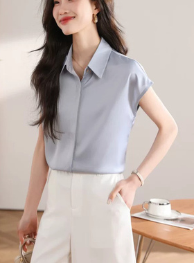 蓝色衬衫女2026夏季新款高级感气质翻领职业正装衬衣通勤无袖上衣