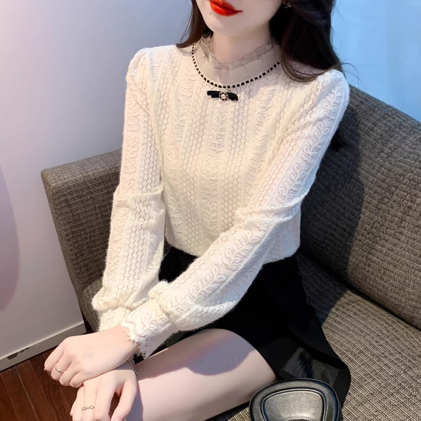 蕾丝衬衫女秋冬加绒木耳领衬衣