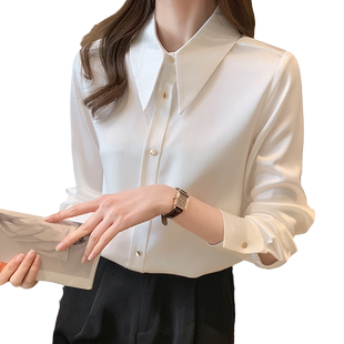 醋酸缎面白色衬衫女士春秋季新款高级感职业正装面试衬衣长袖上衣