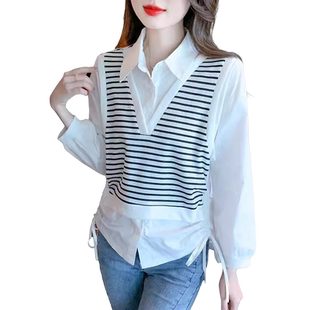 假两件条纹衬衫女春装2026年新款设计感针织拼接抽绳长袖雪纺上衣