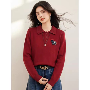 红色毛衣女冬季新款过年衣服小马贴标翻领羊毛针织衫内搭外穿上衣