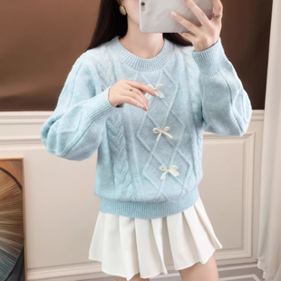 麻花毛衣女款2026新款秋冬季大码胖mm蝴蝶结针织衫宽松加厚羊毛衫