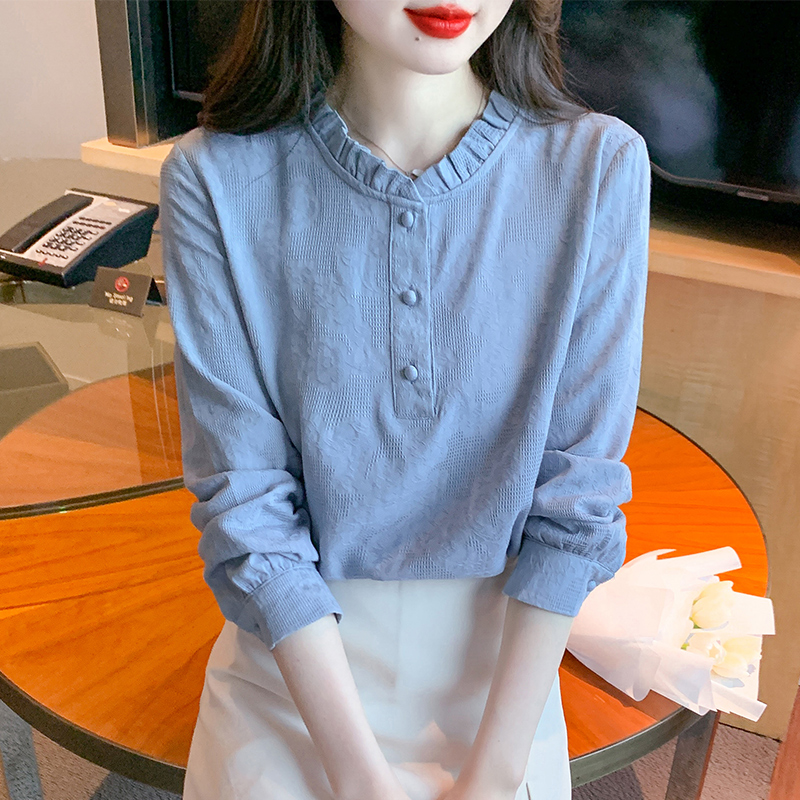 纯棉衬衫女2025春季新款法式木耳边立领提花衬衣减龄百搭全棉上衣