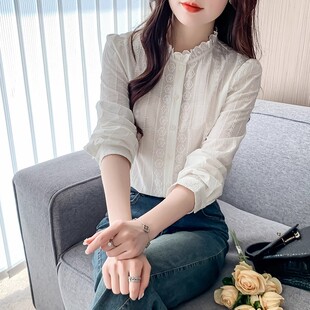 白色衬衫女2026春季新款法式刺绣木耳边立领全棉衬衣长袖棉麻上衣