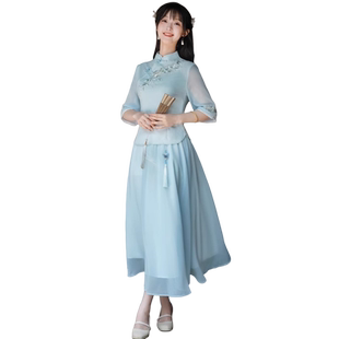 新中式民国风日常汉服套装少女学生改良旗袍上衣雪纺半身裙茶艺服