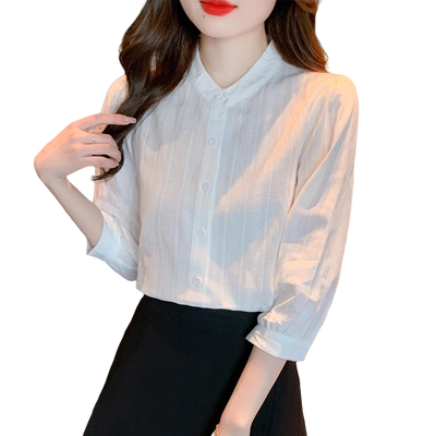 七分袖棉麻衬衫立领法式宽松显瘦