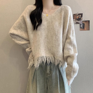 灰色流苏毛衣女款2026秋冬新款大码宽松不规则短款针织衫显瘦上衣