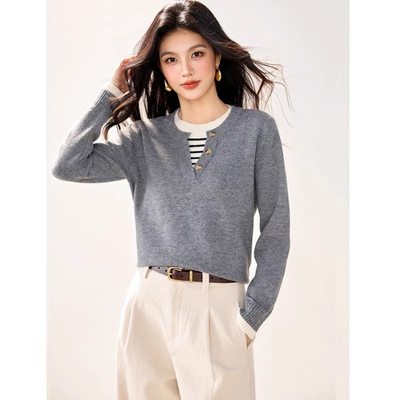 灰色毛衣女冬季假两件拼接针织衫