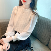 女春季 拼接针织上衣打底小衫 2026年新款 减龄百褶灯笼袖 法式 雪纺衫