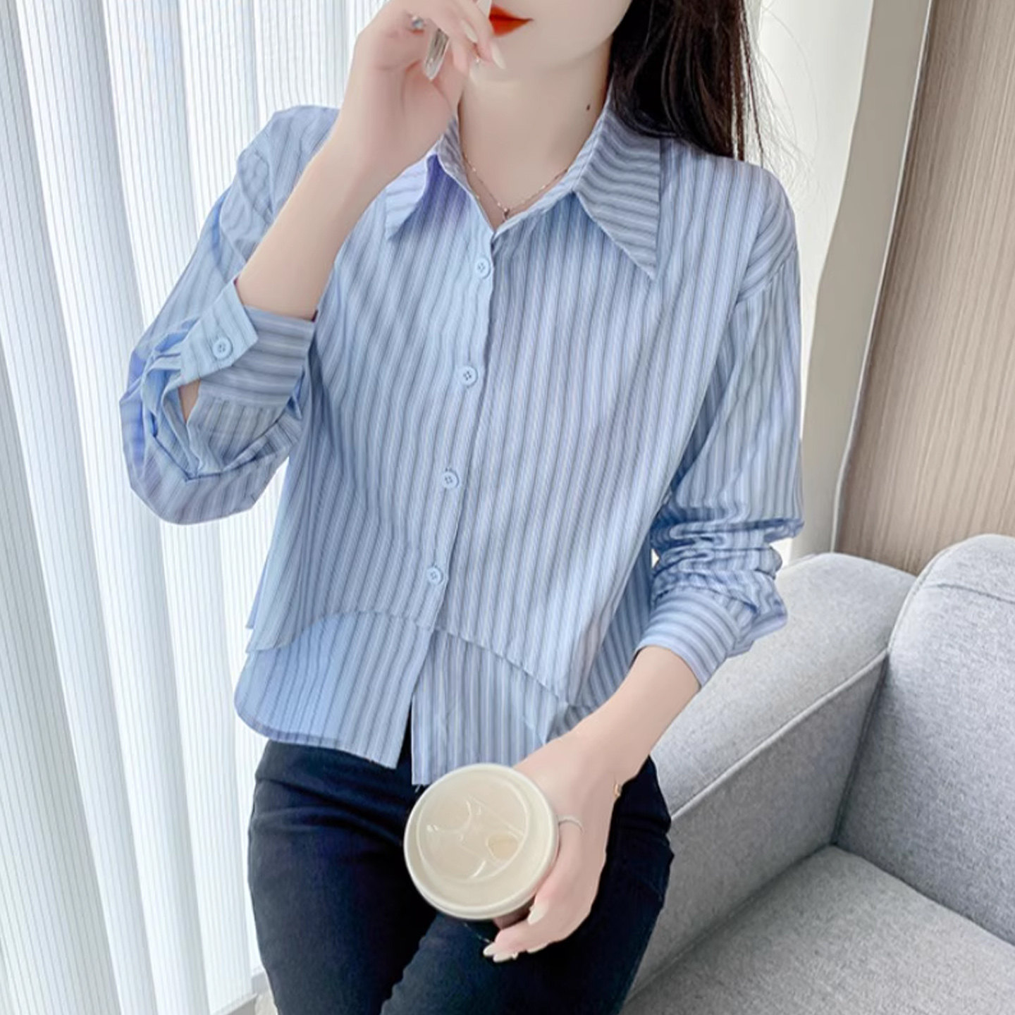 条纹衬衫女秋不规则拼接长袖衬衣图片