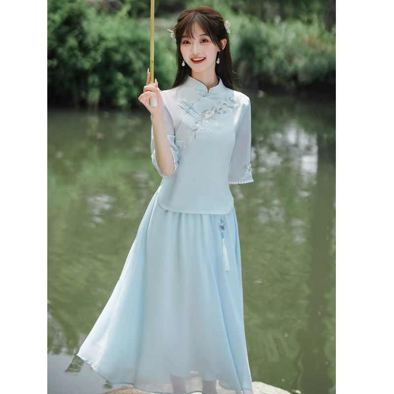 新中式日常汉服套装裙女2026新款国风改良旗袍中袖棉麻上衣茶艺服