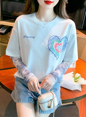 短袖t恤夏装2026新款女网纱拼接假两件防晒上衣宽松显瘦印花体恤
