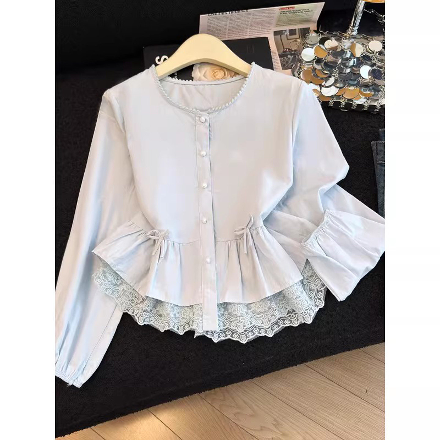 白色衬衫女2026春季新款法式甜美蕾丝拼接荷叶边裙摆上衣长袖衬衣