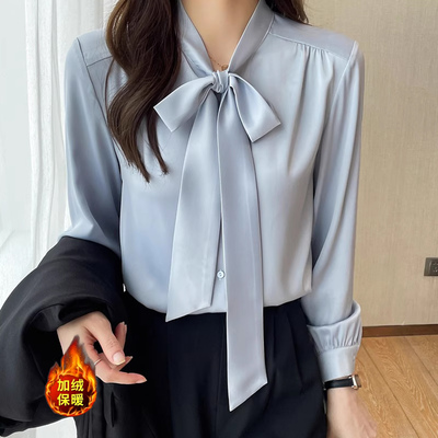 蝴蝶结衬衫女秋冬加绒长袖衬衣