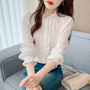 法式 2026年新款 木耳边立领雪纺衬衣设计感小众上衣 女春装 白色衬衫