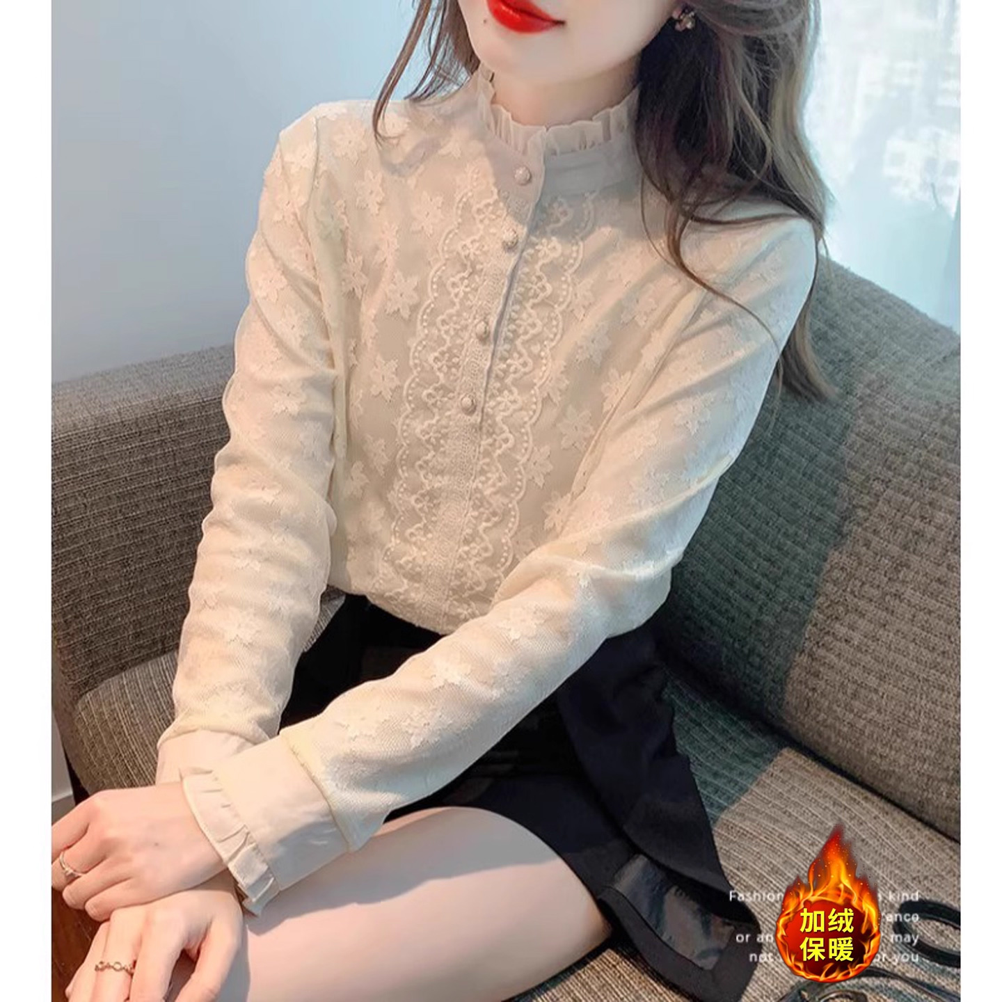 加绒加厚蕾丝衬衫女秋冬立领衬衣