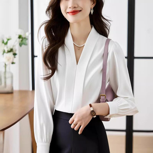 白衬衫女款2026新款春装高级感职业正装西装内搭v领衬衣长袖上衣