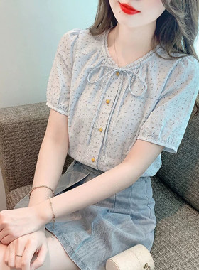 碎花衬衫夏季蕾丝花边系带衬衣短