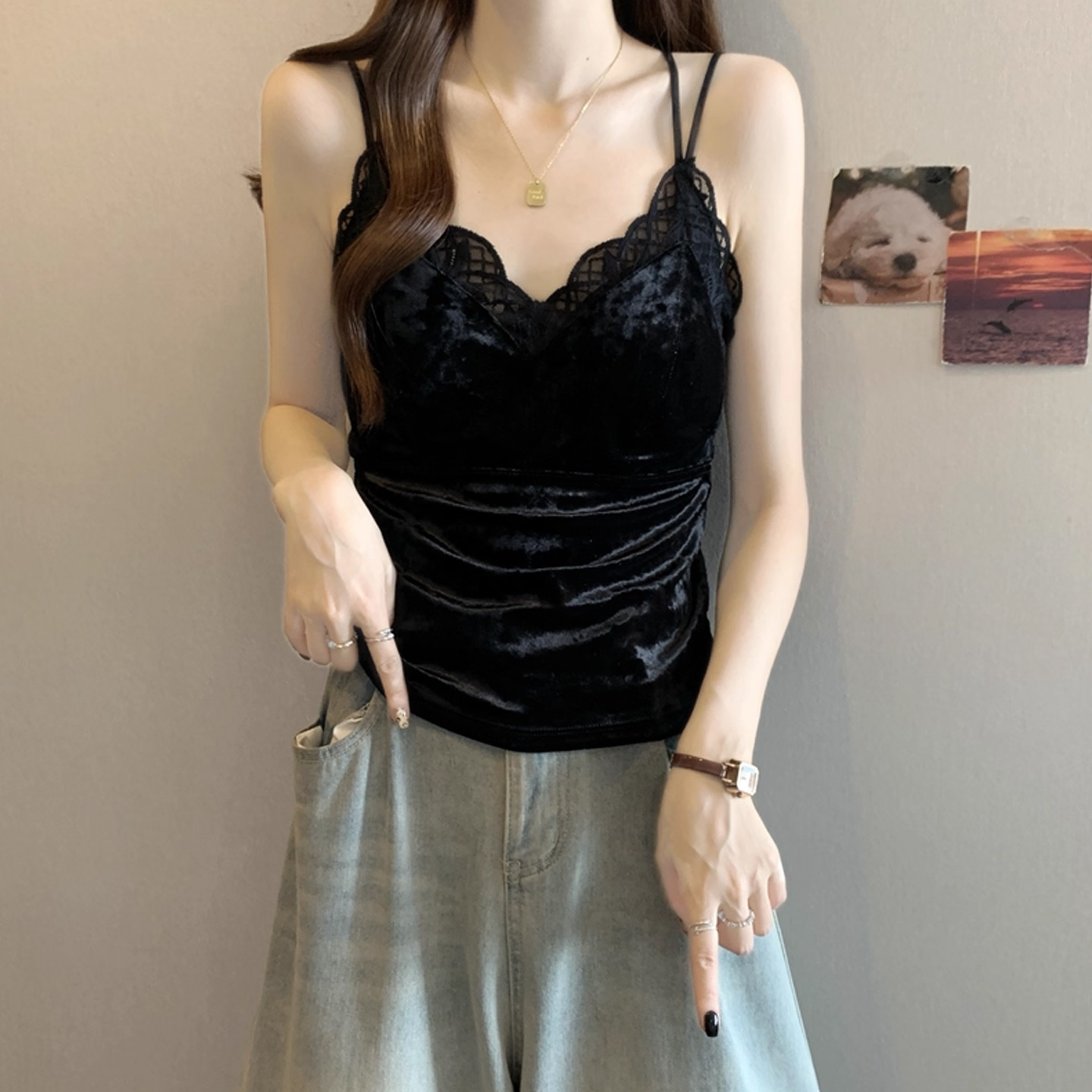 金丝绒吊带背心女内搭带胸垫美背