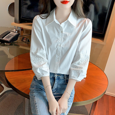 白衬衫女夏季刺绣灯笼袖纯棉衬衣