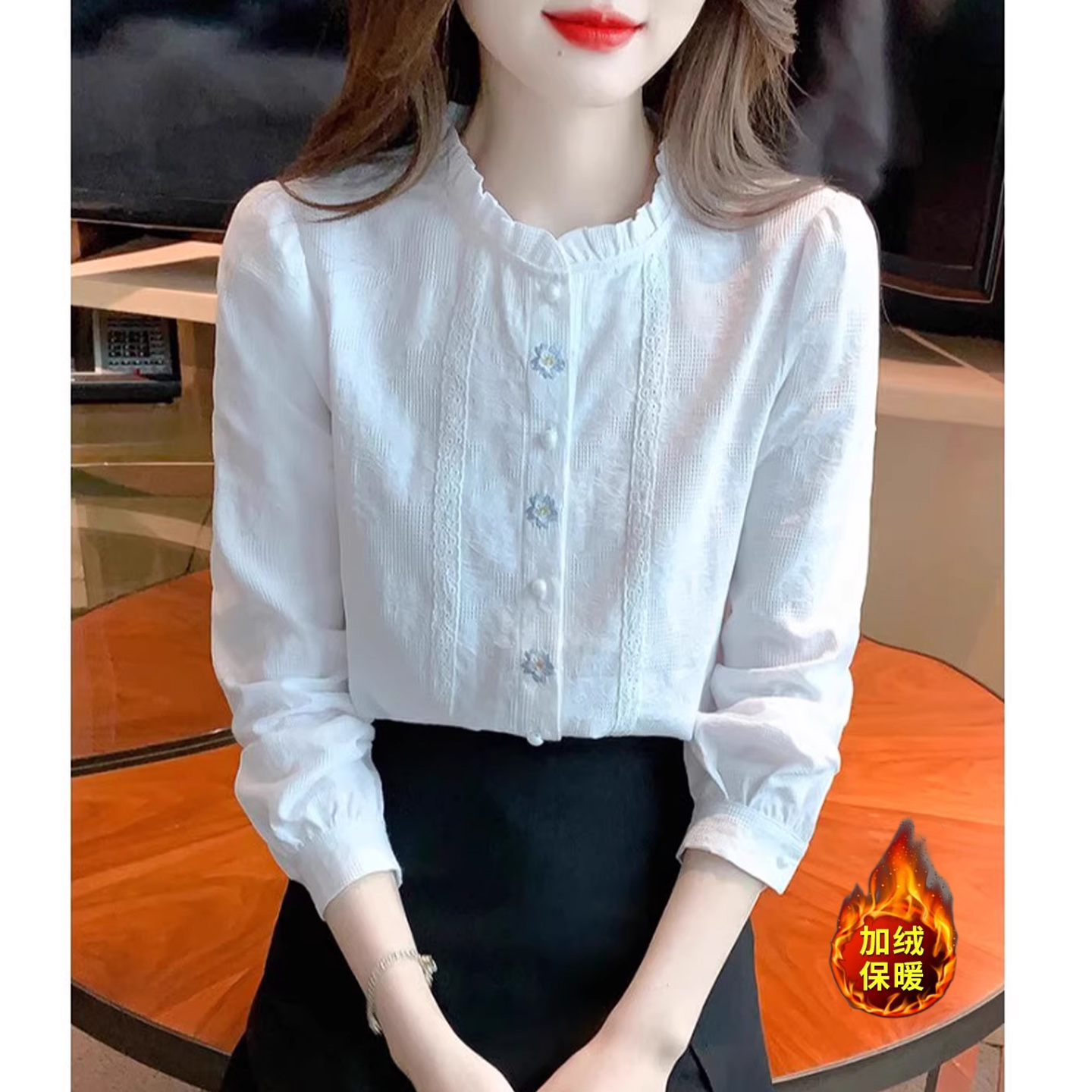 白色衬衫女秋冬加绒加厚内搭衬衣