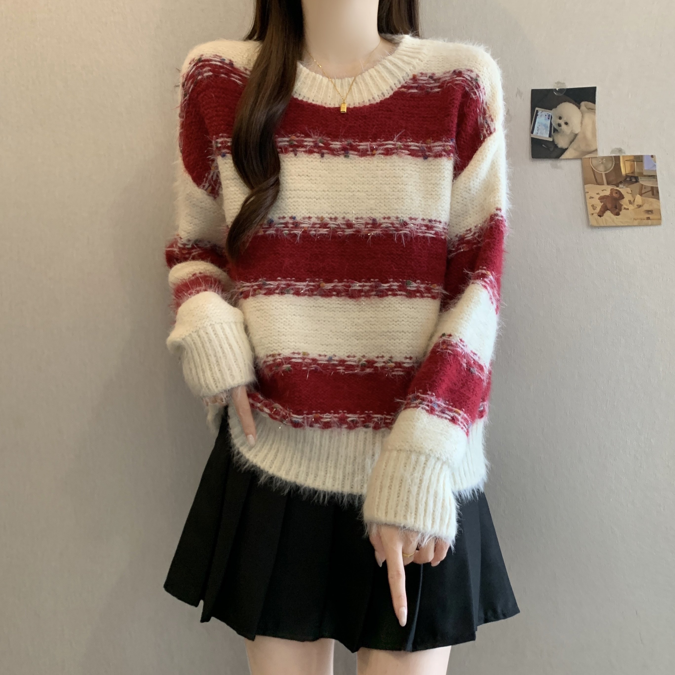 条纹毛衣女秋冬2025新款慵懒风宽松外穿上衣内搭软糯马海毛针织衫,女装/女士精品,毛衣,淘宝优惠券,粉丝福利购,淘宝优惠卷