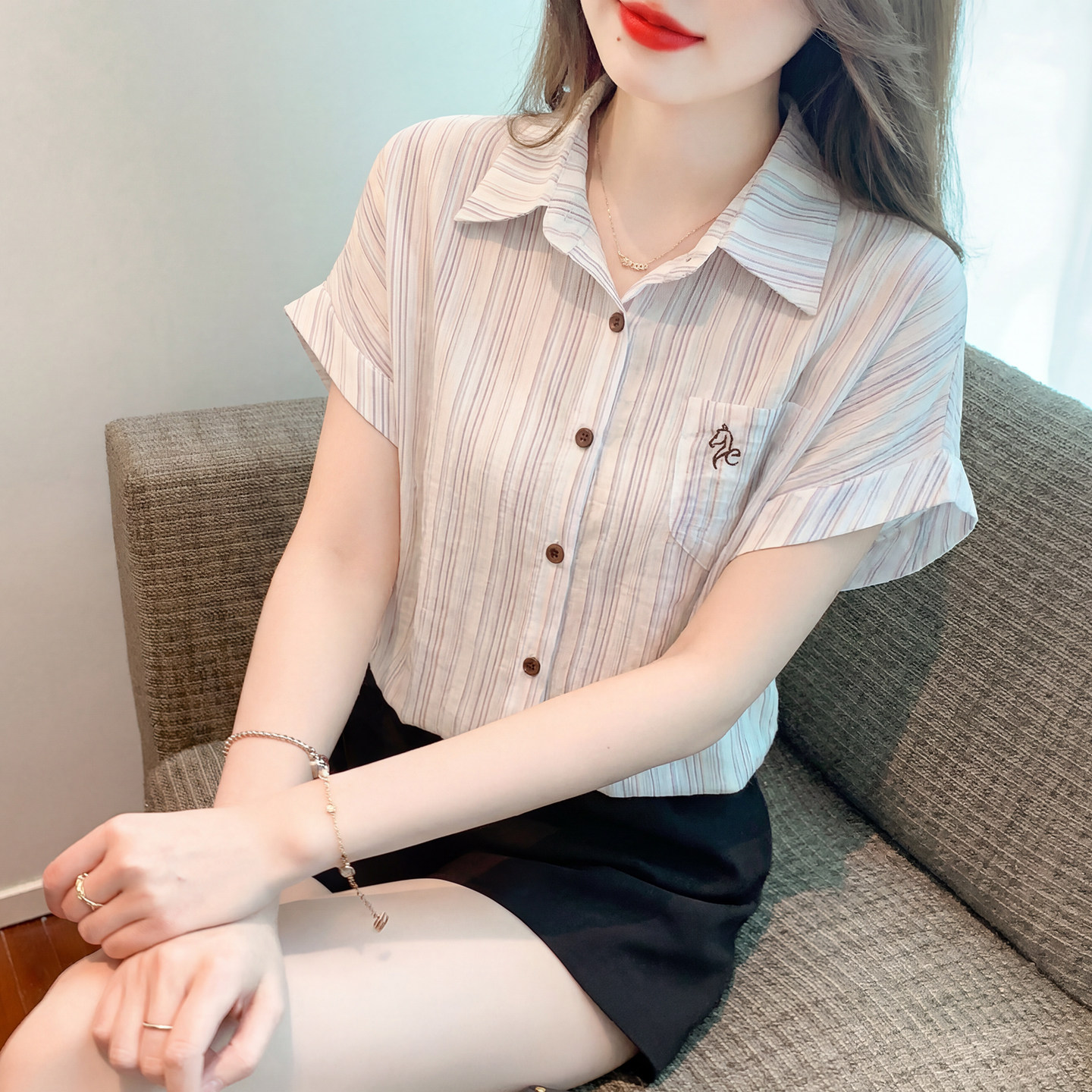 纯棉条纹衬衫女夏季刺绣短袖上衣图片