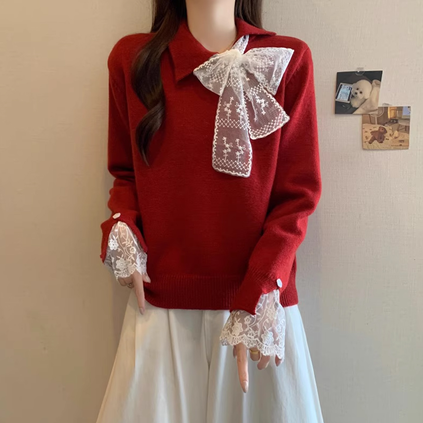 红色高领毛衣女早秋蝴蝶结针织衫