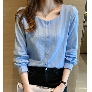 女春装 露锁骨方领上衣显瘦薄款 2026年新款 泡泡袖 衬衣 法式 棉麻衬衫