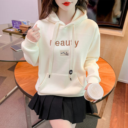 连帽卫衣女秋冬2025新款宽松百搭刺绣长袖套头上衣加绒加厚短外套