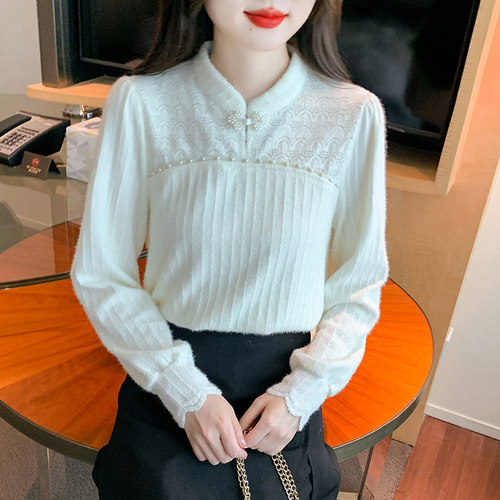蕾丝打底衫女加绒新中式国风盘扣