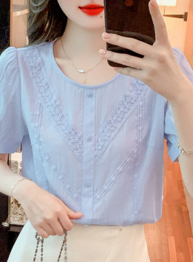 圆领棉麻蕾丝花边衬衫泡泡袖
