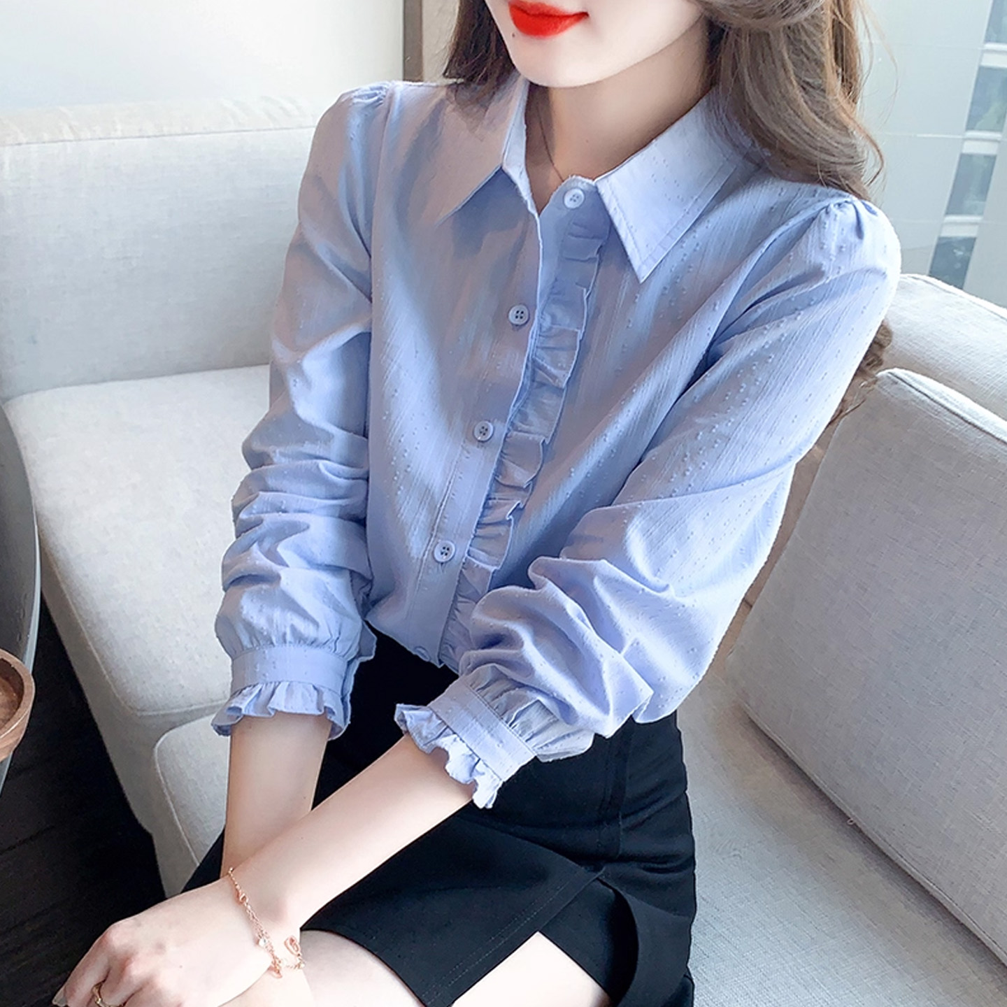 蓝色衬衫女秋季木耳边拼接衬衣