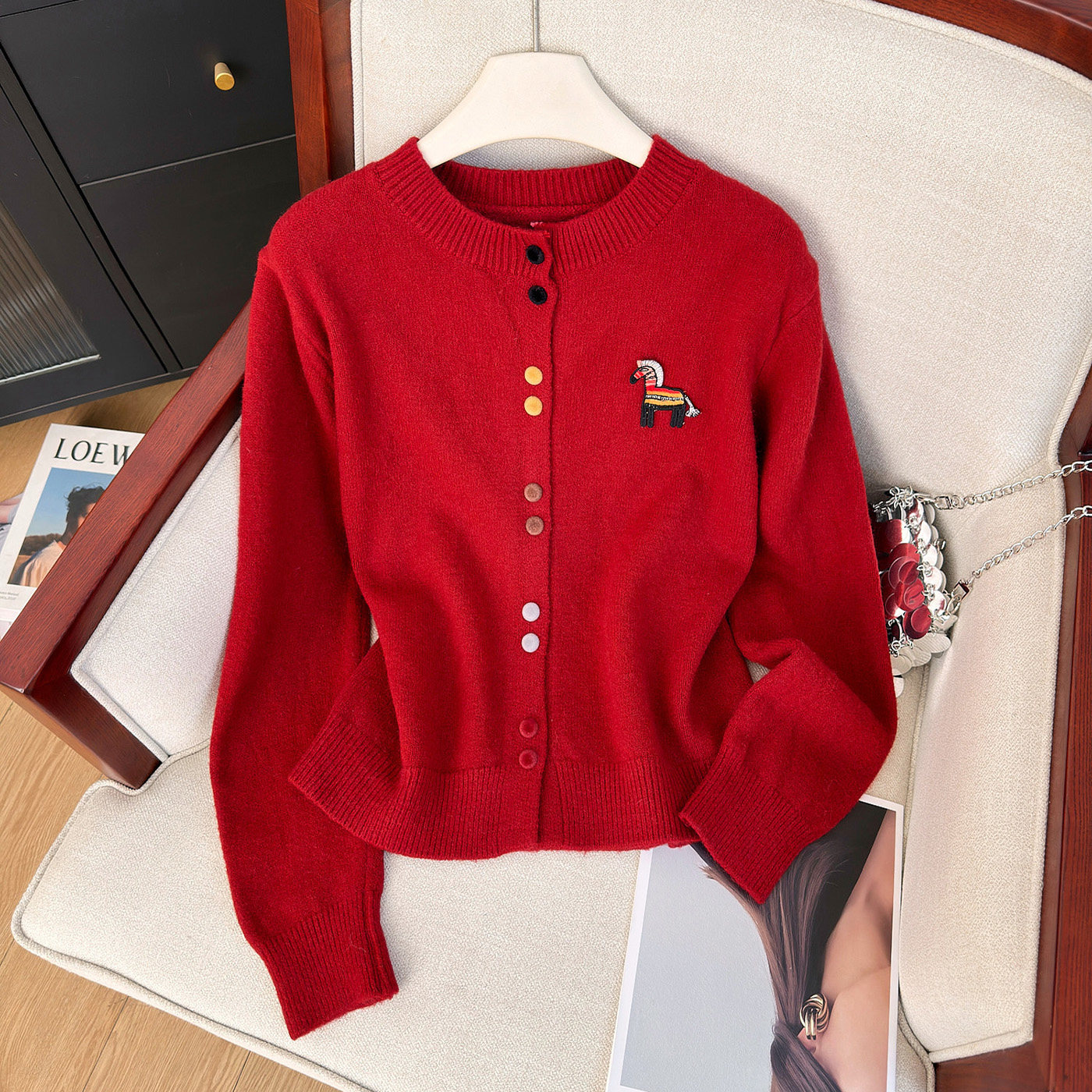 红色毛衣女冬季新年本命年刺绣针织衫羊绒开衫绝美巨好看的小上衣