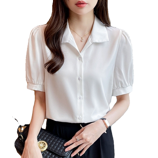 法式POLO领白衬衫女2026夏季新款职业正装面试衬衣泡泡袖雪纺上衣