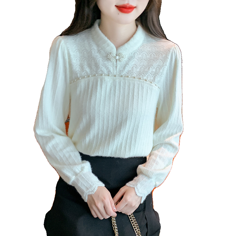 蕾丝打底衫女加绒新中式国风盘扣
