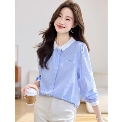 蓝色条纹衬衫秋季小方领撞色衬衣